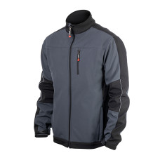 Куртка SOFTSHELL темносіро-чорна, тришарова, тканина стрейч SOFTSHEL 300 GSM 100D, з водо- і вітрозахистом, 96% поліестер і 4% еластан, одна зовнішня і два бічні кишені, розмір XXL