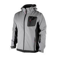 Куртка SOFTSHELL світлосіро-чорна, з капюшоном, тришарова, тканина стрейч SOFTSHEL 300 GSM 100D, з водо- і вітрозахистом, 96% поліестер і 4% еластан, одна зовнішня та дві бічні кишені, розмір S