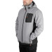 Куртка SOFTSHELL світлосіро-чорна, з капюшоном, тришарова, тканина стрейч SOFTSHEL 300 GSM 100D, з водо- і вітрозахистом, 96% поліестер і 4% еластан, одна зовнішня та дві бічні кишені, розмір L