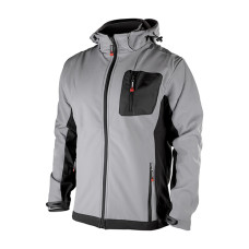 Куртка SOFTSHELL світлосіро-чорна, з капюшоном, тришарова, тканина стрейч SOFTSHEL 300 GSM 100D, з водо- і вітрозахистом, 96% поліестер і 4% еластан, одна зовнішня та дві бічні кишені, розмір L