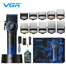 Профессиональная машинка для стрижки волос VGR V-001 BLUE с дисплеем 9000 об/мин и 10 насадками 1,5-24 мм.